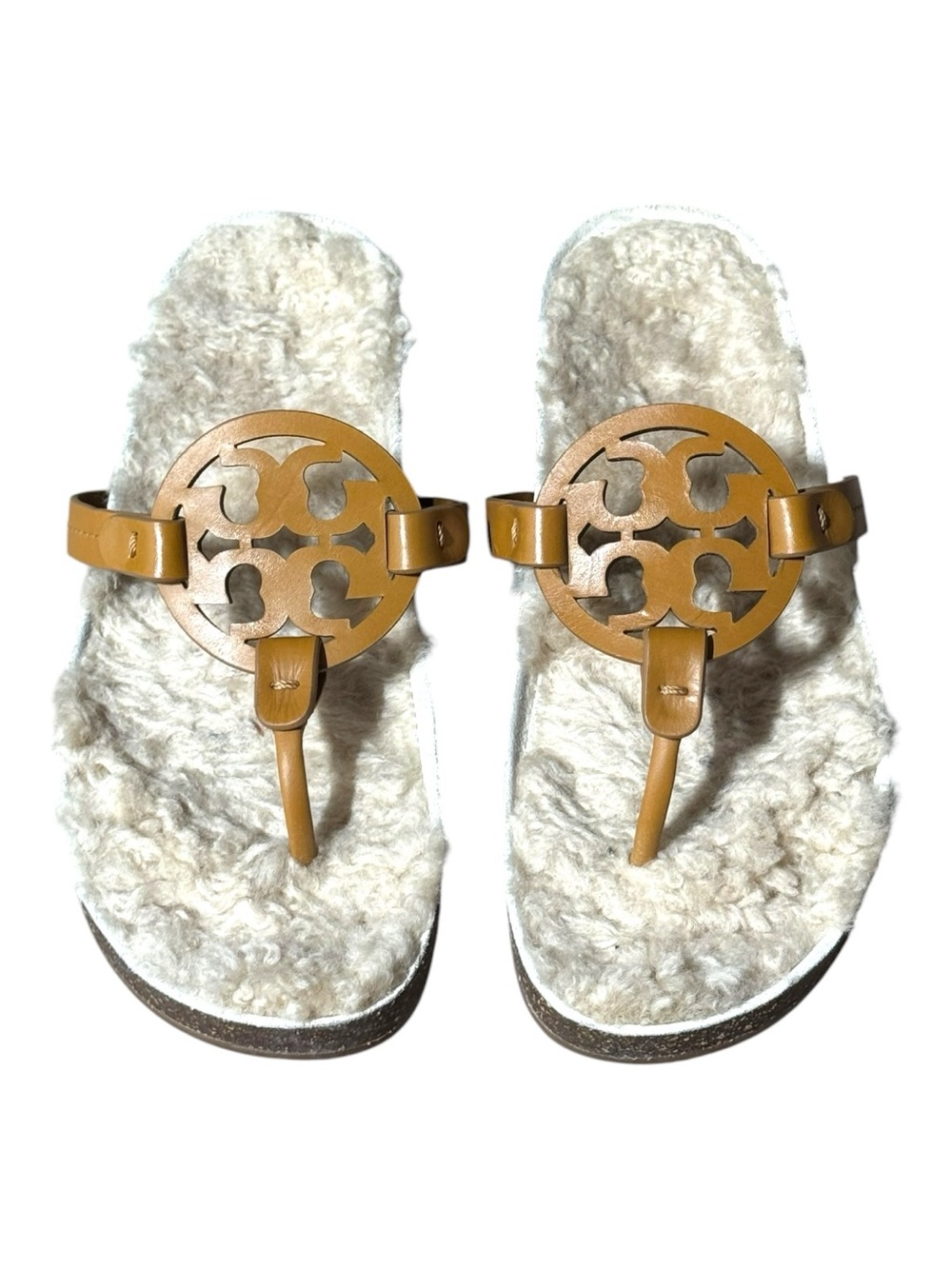 Tory Burch Women’s 9 Tan Miller Cloud Sandals Caramel Buttermilk Sherling
